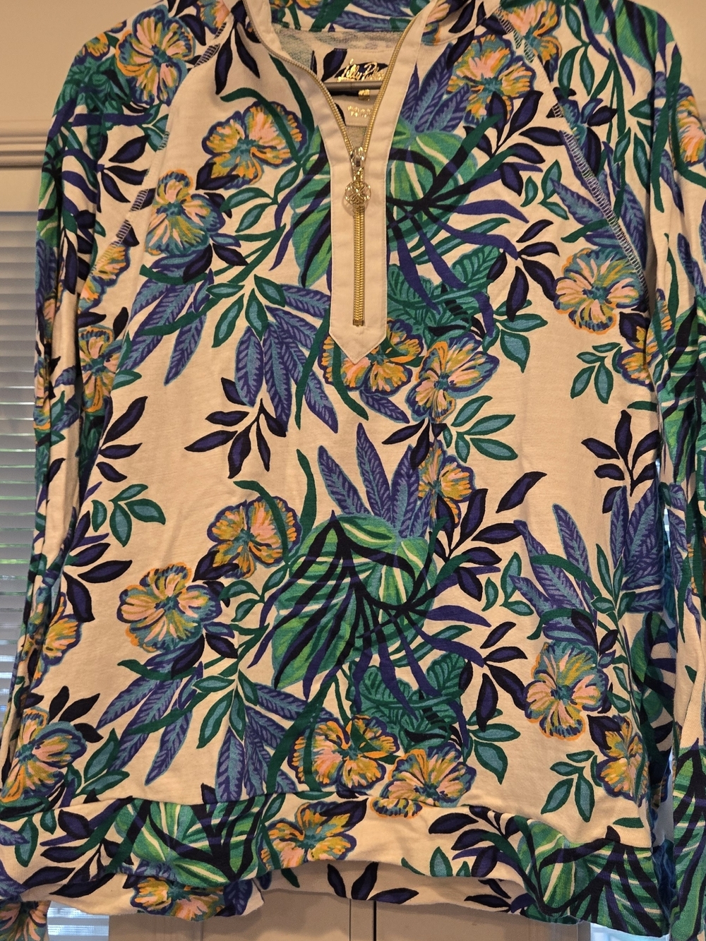Lilly Pulitzer Cream Pullover with Blue and Green Tropical Print